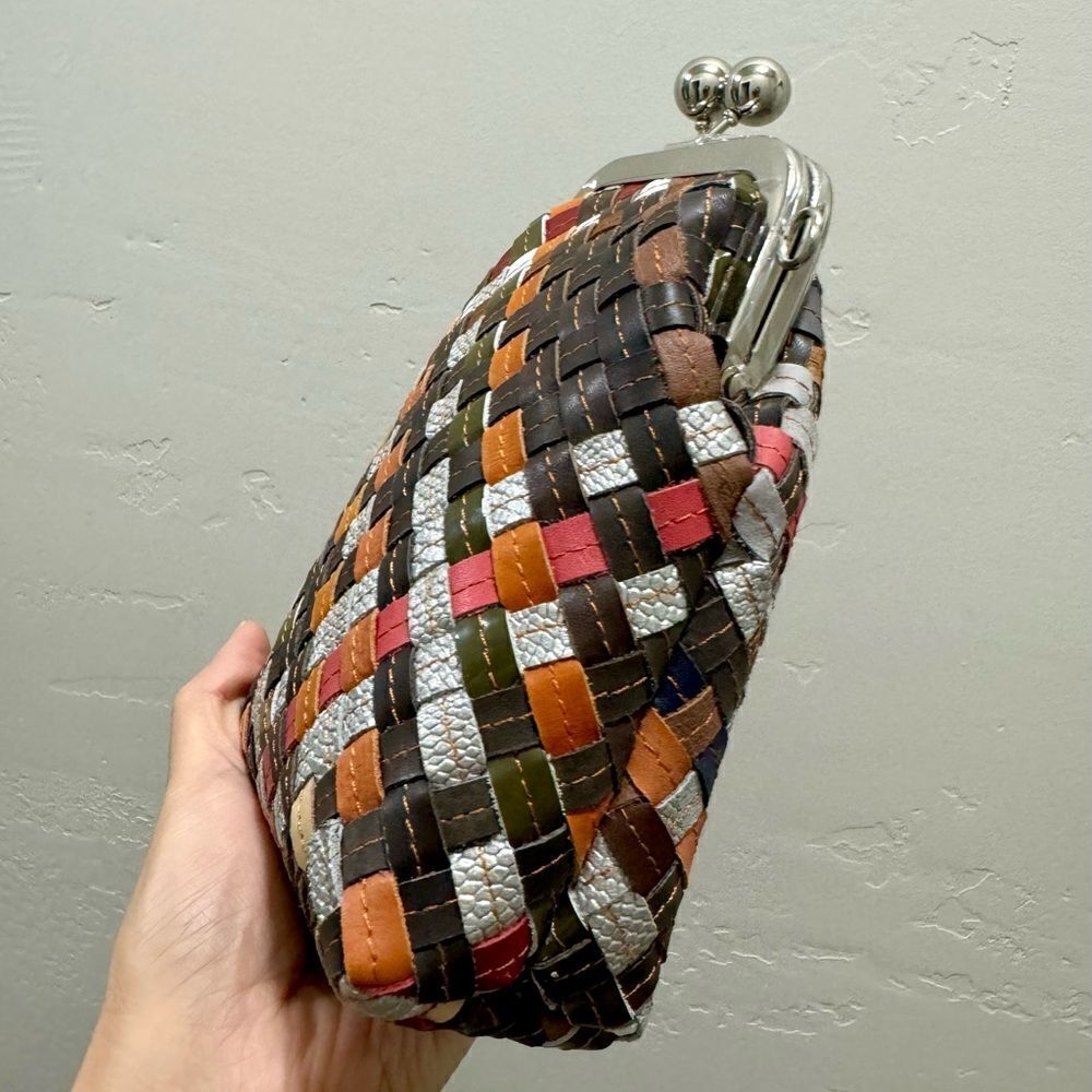 Colorful Woven Leather Handmade Kisslock Clutch/Phone Pouch/ Crossbody - Picture 14 of 16